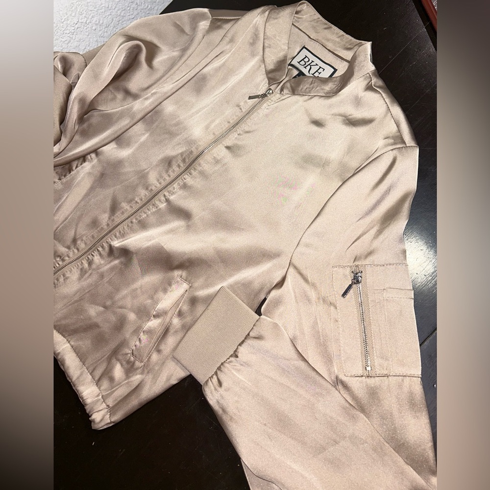 BKE/ Small/ Silk / Champagne Gold Tan / Athletic Bomber Jacket / Zip Up